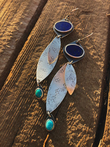 Lapis and Turquoise Leaf  Earrings